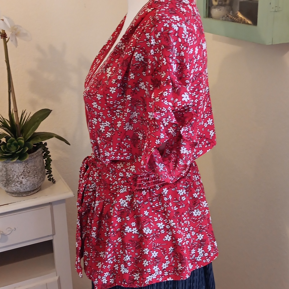 Max Studio Red Floral V-Neck Tie-Waist Blouse - Picture 7 of 15